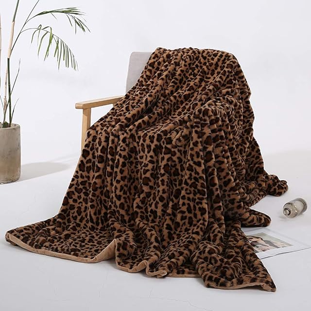 Velboa Leopard Fax Fur Throw Blanket Brown 51 x 63 Inch