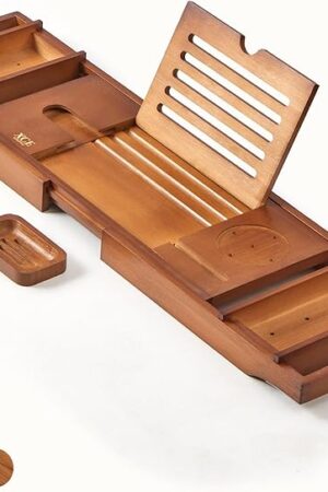 XcE Bathtub Caddy Tray Expandable to 105cm with Bamboo Book Stand and Soap Tray, Brown