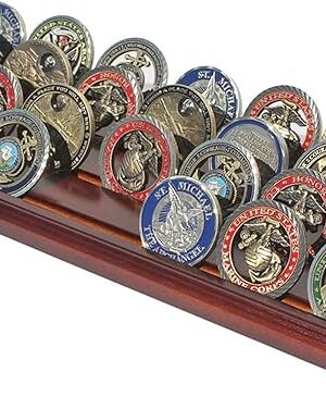 DisplayGifts Challenge Coin Display Stand 4 Row Wooden Holder Rack Case Holds 28 Coins Walnut Finish