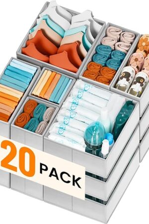 Criusia 20 Pack Drawer Organizer Bins - Grey Fabric Closet Organization and Storage Dividers for Baby Clothes, Adult Socks, Underwear, Bra, etc.