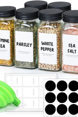 ComSaf 6Pcs 4oz Glass Spice Jars with Shaker Lids, 21 Labels, Spice Jars Trial Set & Supplement Set, Empty Spice Containers and Square Spice Bottles for Kitchen and Seasoning