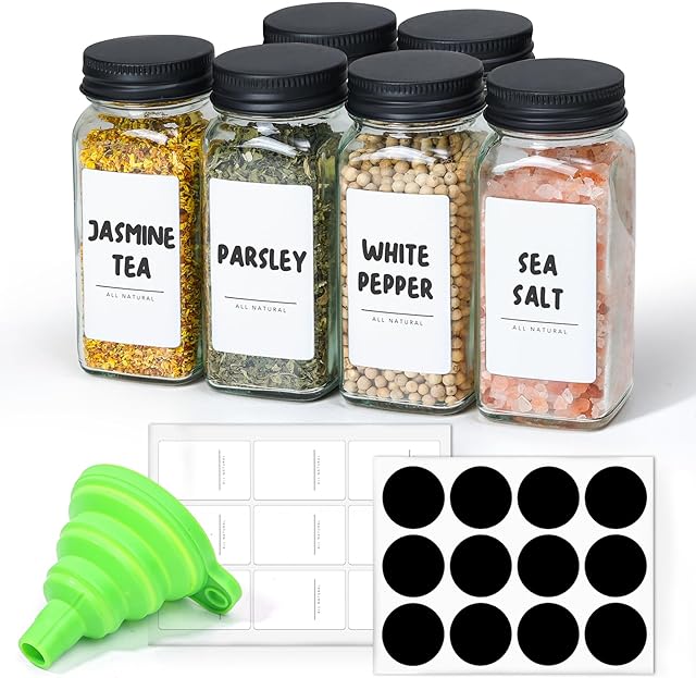 ComSaf 6Pcs 4oz Glass Spice Jars with Shaker Lids, 21 Labels, Spice Jars Trial Set & Supplement Set, Empty Spice Containers and Square Spice Bottles for Kitchen and Seasoning