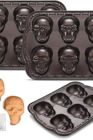 2 Pcs Halloween Skull Baking Pan 6 Cavities 3D Skull Baking Mold for Pizza Metal Cake Mold Bakeware for Halloween Ice Cupcake Chocolate Pizza Jelly Candy Pudding