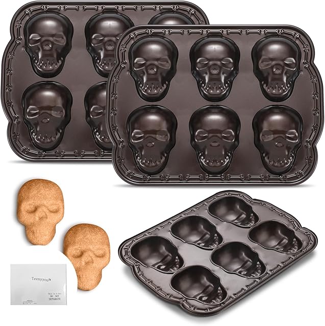 2 Pcs Halloween Skull Baking Pan 6 Cavities 3D Skull Baking Mold for Pizza Metal Cake Mold Bakeware for Halloween Ice Cupcake Chocolate Pizza Jelly Candy Pudding