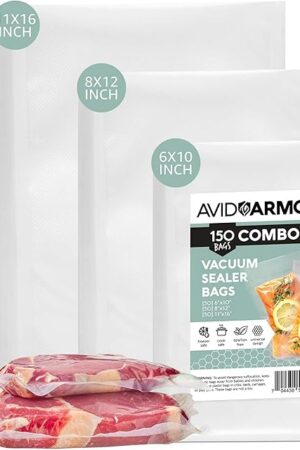 Avid Armor Vacuum Sealer Bags, Vac Seal Bags for Food Storage, Freezing, and Sous Vide Cooking, Non-BPA Freezer Vacuum Sealer Bags, Pint, Quart, and Gallon Sizes Combo Pack, 150 Bags