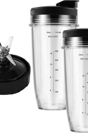 Blender Replacement Parts for Ninja, 24oz Ninja Blender Cups with To-Go Lids, 7 Fins Extractor Blade, Compatible with Nutri Ninja Auto iQ Blenders BL2012 BN801 BL480-30 BL640-30 BL642-30 NN100-30