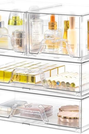 4 Pack Stackable Storage Drawers Clear Acrylic Organizer Bathroom Makeup Organizer and Storage for Beauty Supplies,Ideal for Vanity, Bathroom,Cabinet,Pantry Organization