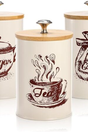 Youeon Small Canister Sets for Kitchen Counter, 25 Oz Coffee Sugar Tea Canister Set, Metal Vintage Kitchen Container 3 Pack, Food Storage Containers with Bamboo Lid, Farmhouse Decor, Beige