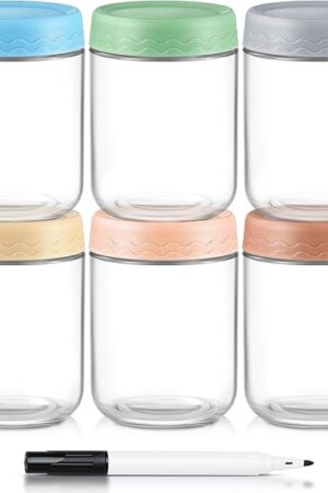 DRKIO 16 Oz Overnight Oats Containers with Lids - 6 Pack Glass Storage Jars with Airtight Lids Wide Mouth Mason Food Jars Great for Meal Prep Salad Chia Pudding Snacks Yogurt Sugar Spice Cereal