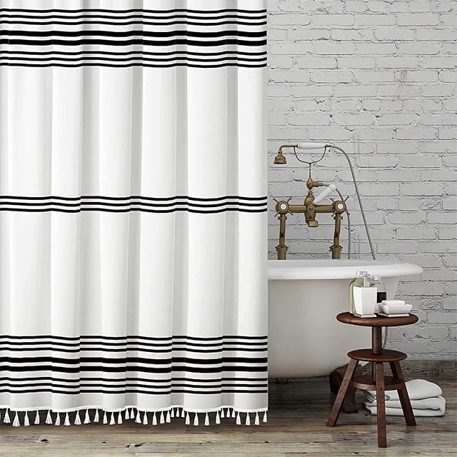 Seasonwood Black and White Shower Curtain with Tassels,Farmhouse Fabric for Bathroom,Heavy Weighted, 72 x 72