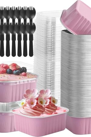 60 Pack Mini Square Cake Pans with lids and Spoons, 5 OZ Pink Disposable Ramekins Cake Pans, 3.5x3.5 Inch Aluminum Foil Baking Cups for Mother's Day, New Year, Anniversaries, Birthdays