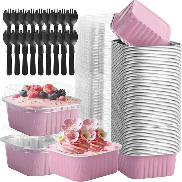 60 Pack Mini Square Cake Pans with lids and Spoons, 5 OZ Pink Disposable Ramekins Cake Pans, 3.5x3.5 Inch Aluminum Foil Baking Cups for Mother's Day, New Year, Anniversaries, Birthdays