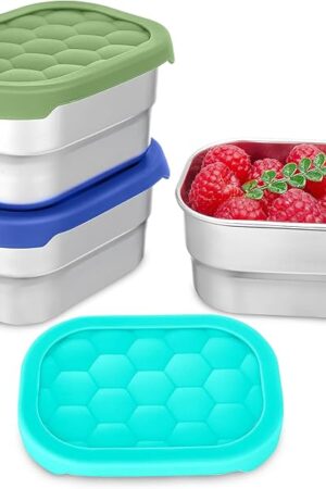 3 Pack Stainless Steel Snack Containers for Kids, 8 oz Easy Open Leak Proof Small Toddler Snack Containers with Silicone Lids, Stackable Metal Lunch Box for Daycare and School (Blue)