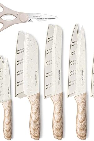 Astercook Knife Set, 13 Pieces Kitchen Knives Set with Ceramic Coating, Stainless Steel Chef Knife Sets with 6 Blade Guards, Dishwasher Safe Sashimi Knives For Fish with Wooden Handle, White