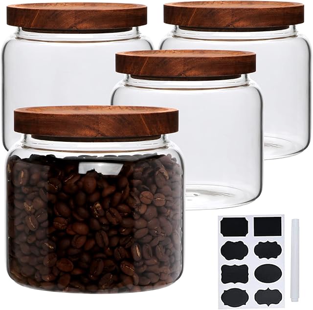 Glass Jars,Set of 4 Glass Food Storage Containers with Wooden Lids,Clear Glass Canister Sets for Sugar,Tea,Coffee,Snack,Spice,Herbs(33 oz/ 1000 ml)