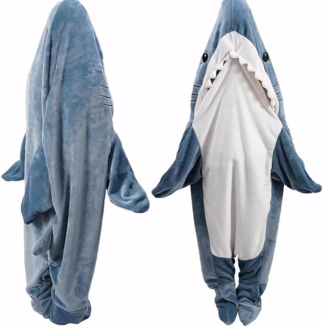 DDMY Shark Blanket Onesie for Adult, L Size Flannel Cozy Hoodie Wearable Blanket for Cosplay, Cartoon Throw Sleeping Bag Costume