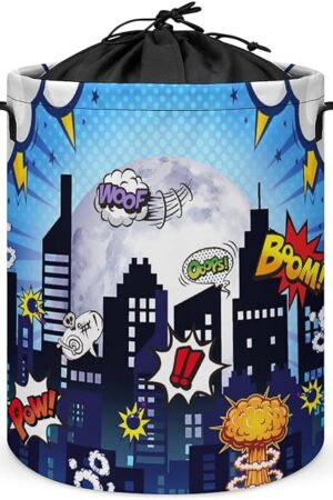 Brebasf Funny City Theme Freestanding Laundry Hamper,Cartoon Boys Room Decor City Nights Comic Style Drawstring Portable Large Volume Laundry Basket-13.8W X13.8L X17.3H IN
