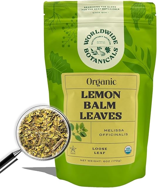 Worldwide Botanicals Organic Lemon Balm Tea, 6 Ounces Loose Leaf | For Stress Relief | Good Digestion | Premium Herbal Tea | 100% Pure Leaves | Kosher