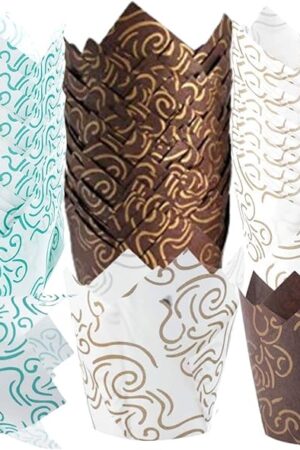 600 Pcs Cupcake Liners Tulip Baking Cups Cupcake Tulip Muffin Liners for Baking Brownie Paper Wrappers Greaseproof Holders for Birthday Party Wedding(White,Brown,Green)
