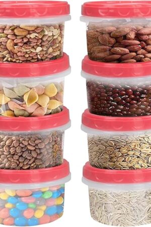 8 Ounce reuseable small plastic freezer storage container jars with screw lid for food snacks lunch(8Pcs, Red)