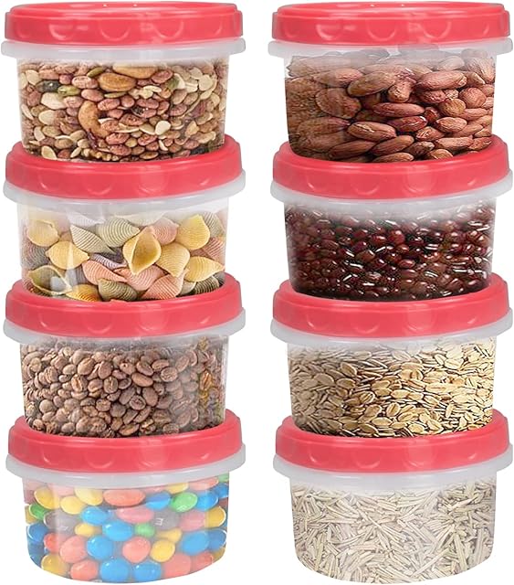 8 Ounce reuseable small plastic freezer storage container jars with screw lid for food snacks lunch(8Pcs, Red)