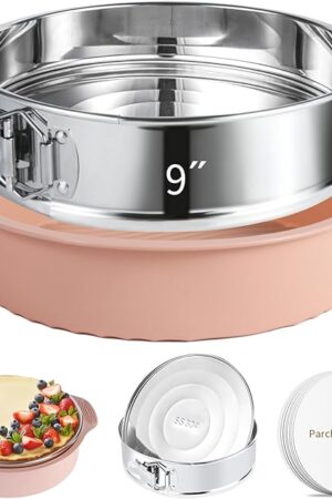 9 Inch Springform Pan - Nonstick 304 Stainless Steel Springform Cake Pan with Removable Bottom, Silicone Leakproof Cheesecake Pan Protector with Parchment Paper