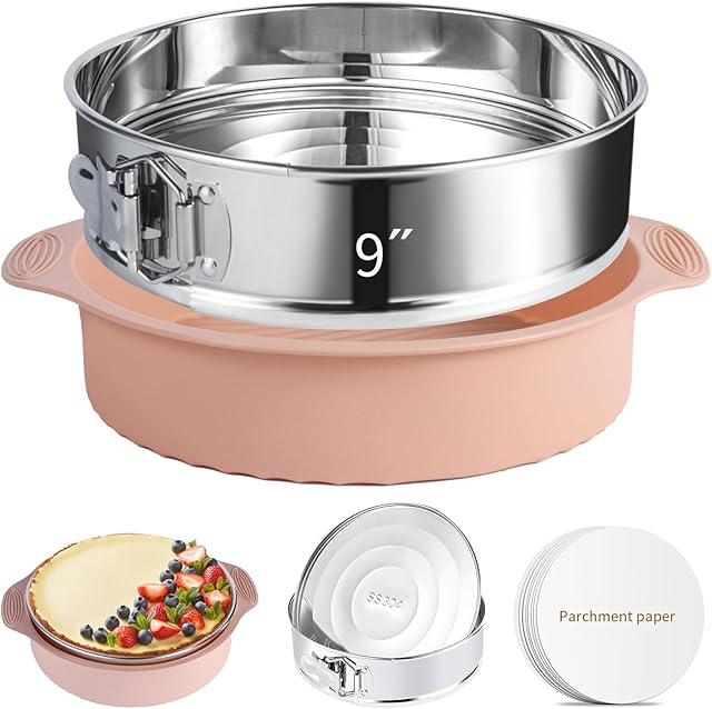 9 Inch Springform Pan - Nonstick 304 Stainless Steel Springform Cake Pan with Removable Bottom, Silicone Leakproof Cheesecake Pan Protector with Parchment Paper