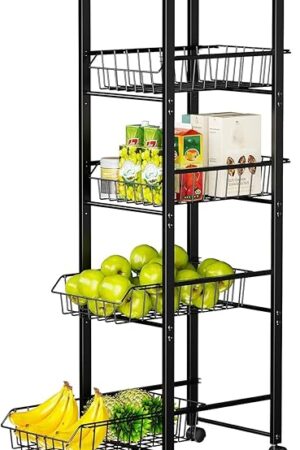 Delamu Fruit Vegetable Basket for Kitchen,5 Tier Kitchen Organizer and Storage Cart with Wheels,Slide-Out Baskets and Wood Top,Pantry Storage cart W11-4/5*D16-7/16*H42-7/16