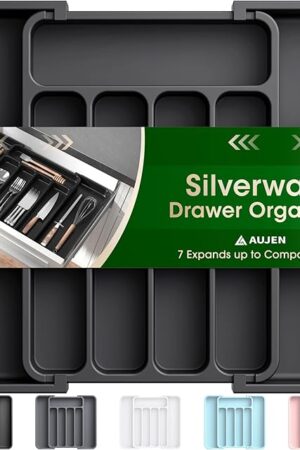 Aujen Silverware Organizer - Expandable Kitchen Drawer Organizer, Adjustable Utensil Organizer, Cutlery Tray for Forks, Knives, Multipurpose Kitchen Organizers and Storage Solution, Black, Medium