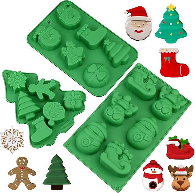 3 Pack Christmas Silicone Molds, Large Size Xmas Baking Mold for Mini Cakes, Handmade Soap, Chocolate, Jello, Candy and Candles,With Christmas Tree Santa Snowman Shape Silicone Mold