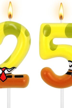 Yellow Sponge Birthday Number Candle Yellow Themed Dot Print Candles Cartoon Numeral Party Cake Topper for 25th Birthday Decoration Supplies