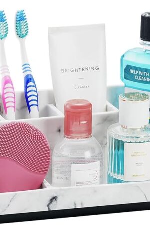 VITVITI Toothbrush Holder for Bathroom, Resin Bathroom Organizer Countertop Sink, Bathroom Counter Organizer Accessories 5 Compartment Storage for Toothpaste/Vanity, White Marble Color