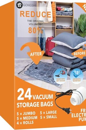 24 Pack Vacuum Storage Bags with Electric Pump, (5 Jumbo, 5 Large, 5 Medium, 5 Small, 4 Roll Up Bags) Space Saver Bag for Clothes, Mattress, Blanket, Duvets, Pillows, Comforters,Travel