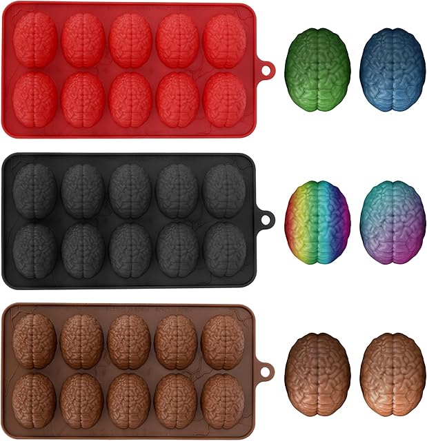 Brain Chocolate Molds Silicone 3 Pcs Small Human Brain Jello Mold Halloween Candy Molds for Cake Cupcake Decorating, Candy, Chocolate, Pudding, Jelly