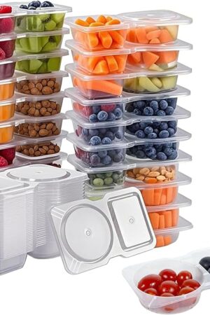 20 Pack Reusable Snack Containers with Lids, 2-Compartment Dipping Containers with Lid, Perfect for Mini Sauce Boxes & Lunchable Snack Container When Traveling or Going Out for Kids Adults. (20)