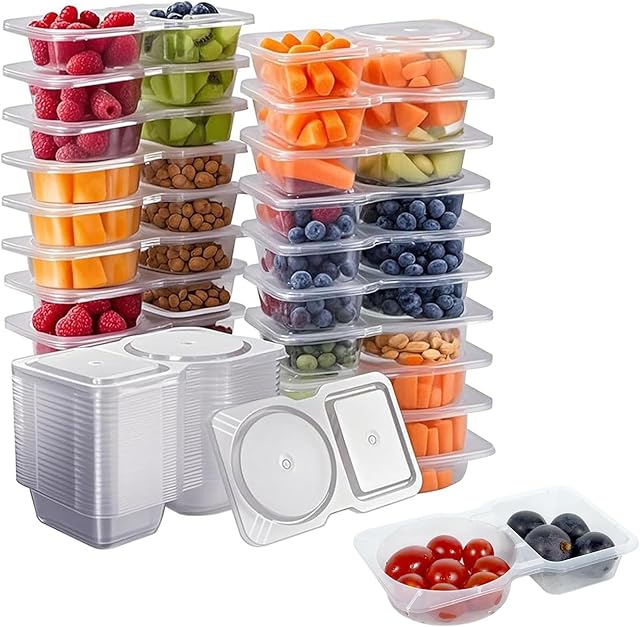 20 Pack Reusable Snack Containers with Lids, 2-Compartment Dipping Containers with Lid, Perfect for Mini Sauce Boxes & Lunchable Snack Container When Traveling or Going Out for Kids Adults. (20)