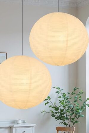 White Round Paper Lantern Lampshade set of 2, 20"x20'' Large Paper Lanterns Pendant Light Shade, Chinese Foldable Design for Living Room, Bedroom, Ceiling Lampshade Party Decor