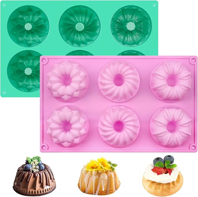 2 PCS Mini Fluted Tube Cake Pans, 6 Cavity Non-stick Silicone Cake Molds for Baking Cornbread, Muffins, Brownies, Jellies