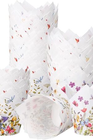 Vesici 200 Counts Wildflower Tulip Cupcake Liners Wildflower Baby Shower Decorations Liners Tulip for Baking Cups for Spring Easter Bridal Shower Wedding Festival Party