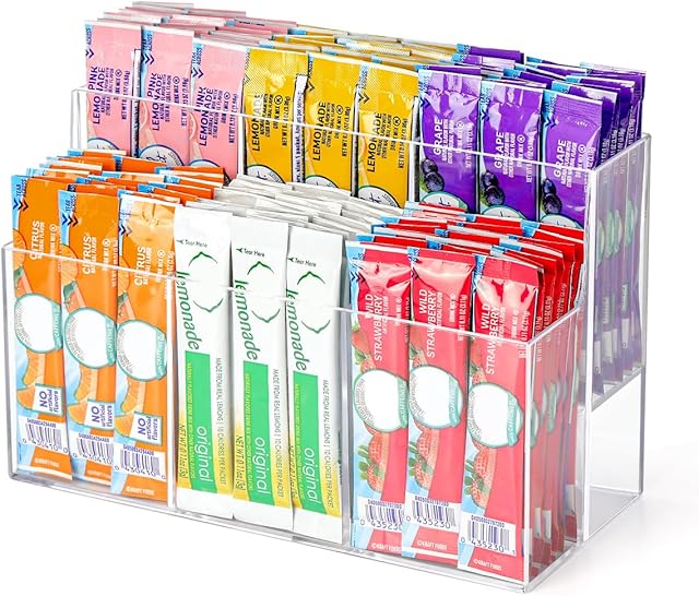AIEVE Drink Packet Organizer, 2-Tier Water Flavor Packet Holder for Pantry Storage, Acrylic Drink Mix Organizer Hydration Powdered Mixes Holder Container for Cabinet Kitchen Storage