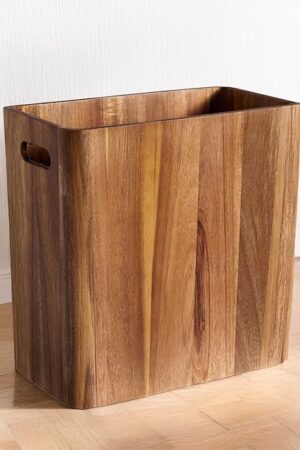 3 Gallons Wooden Wastebaskets, Solid Acacia Wood Waste Basket with Handles, Rectangular Trash Can, Garbage Bin for Bedroom, Bathroom, Kitchen, Living Room, Office Decorative