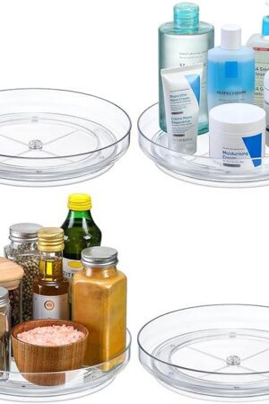 4 Pack 9 Inch Clear Acrylic Lazy Susan, Non-Skid Turntable Organizer for Cabinet, Kitchen, Pantry Organization Storage, Refrigerator, Vanity Makeup, Bathroom Countertop Organizing, Rotating Spice Rack