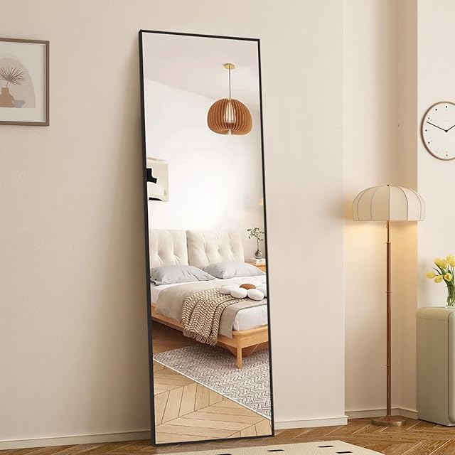 Full Length Mirror with Stand,59"x16" Floor Mirror with Aluminum Alloy Thin Frame,Full Body Mirror for Livingroom Home Decor,Free Standing or Wall-Mounted,for Bedroom, Black
