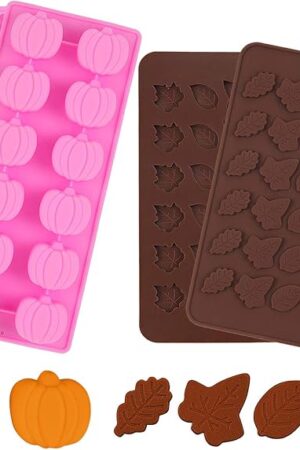 4 Pieces 3D Fall Candy Molds Halloween Pumpkin Candy Mold Thanksgiving Maple Leaf Shaped Fall Candy Chocolate Mold Ice Cube Tray for Halloween Candy Muffin Chocolates Cake Soap, Candle