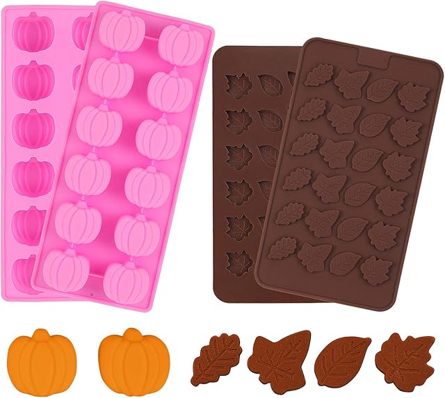 4 Pieces 3D Fall Candy Molds Halloween Pumpkin Candy Mold Thanksgiving Maple Leaf Shaped Fall Candy Chocolate Mold Ice Cube Tray for Halloween Candy Muffin Chocolates Cake Soap, Candle