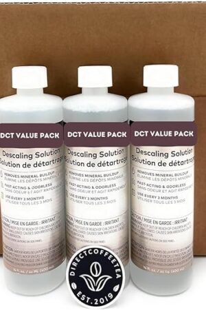 Descaling Solution Pack of 3 (14 fl oz Each) for Single Serve Coffee Machines with Complimentary Direct Coffee Tea Est 2019 Brand Sticker