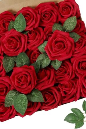 AmyHomie Artificial Flower Dark Red Rose 25pcs Real Looking Fake Roses w/Stem for DIY Wedding Bouquets Centerpieces Arrangements Party Baby Shower Home Decorations