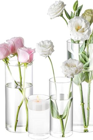 4 Pack Glass Cylinder Vases 4,6,8,10 Inch Tall Clear Flower Vase Hurricane Floating Candle Holder for Table Centerpiece Wedding Home Decor