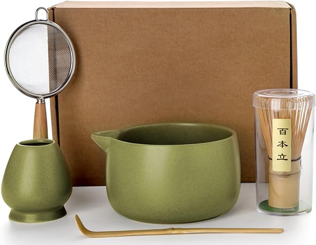 20OZ Matcha Whisk Set - 5PCS Japanese Tea Set Includes Matcha Bowl with Spout, Bamboo Whisk with Ceramic Holder, Bamboo Scoop and Sifter, Matcha Kit for Ceremony, Gift for Matcha Lovers (Matcha Green)