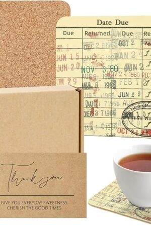 Vintage Library Due Date Card Coaster Set, 4pcs Library Card Coasters with Gift Card, Creative Drink Coffee Mug Coaster Literary Decor Library Gifts for Book Lovers Librarians Writers